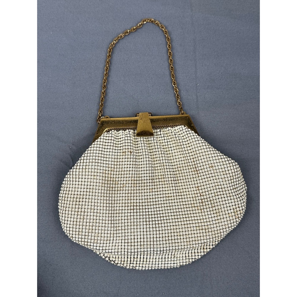 Whiting & Davis White Metal Mesh Evening Bag Gold Tone Frame Chain Purse VTG USA